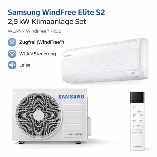 Samsung WindFree Elite S2 AR70F09CAAWNEU + AR70F09CAAWXEU Klimaanlage 2,5 kW Set mit WLAN, R32, energieeffizient
